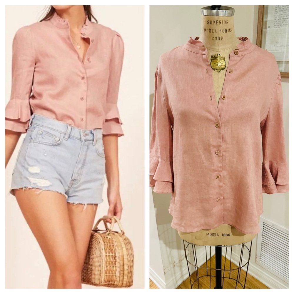 Reformation Linen Bloom Blouse in Serenade (Blush Pink), XL